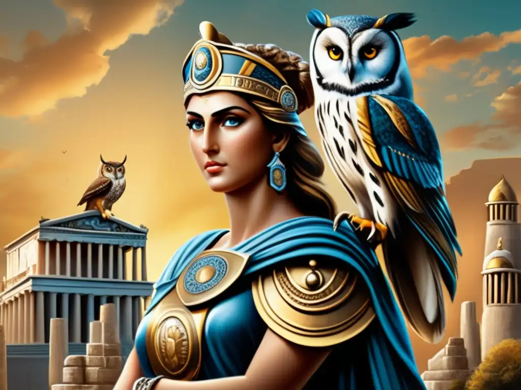 Diosa griega Athena con búho, símbolo de sabiduría en la mitología griega