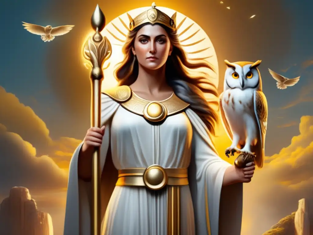 La diosa Athena rodeada de un aura mística, junto al búho, símbolo de sabiduría en la mitología griega