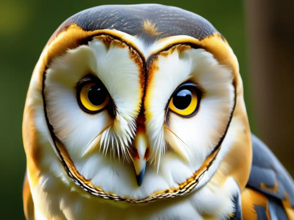 Detalle realista de la cabeza de un búho, resaltando su pico, mandíbula, ojos amarillos, plumas y orejas