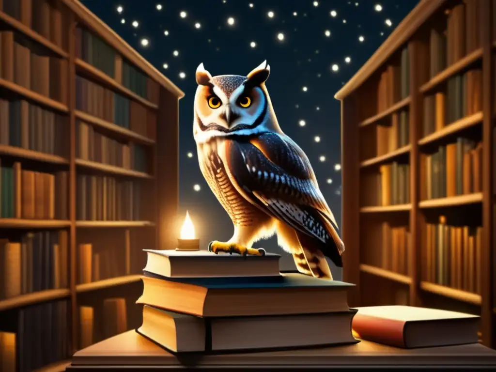 Biblioteca nocturna con libros antiguos, búho misterioso y atmósfera cautivadora (novelas de misterio y suspenso con búhos)