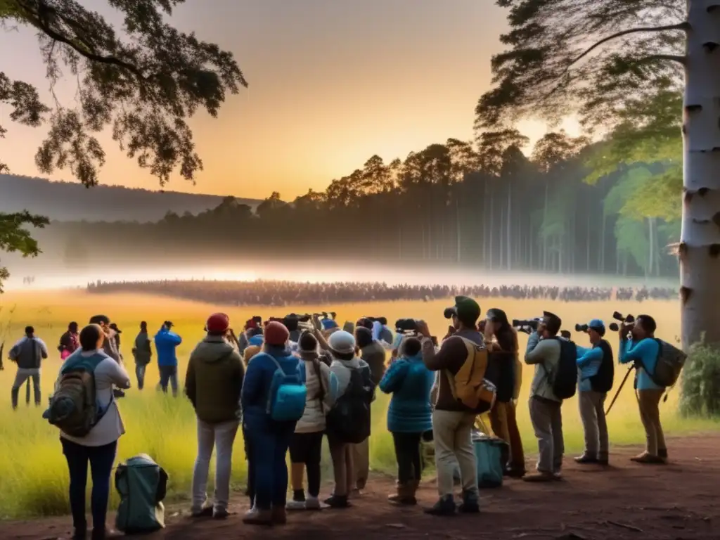 Participación ciudadana en investigación y conservación de especies de búhos en un bosque al atardecer