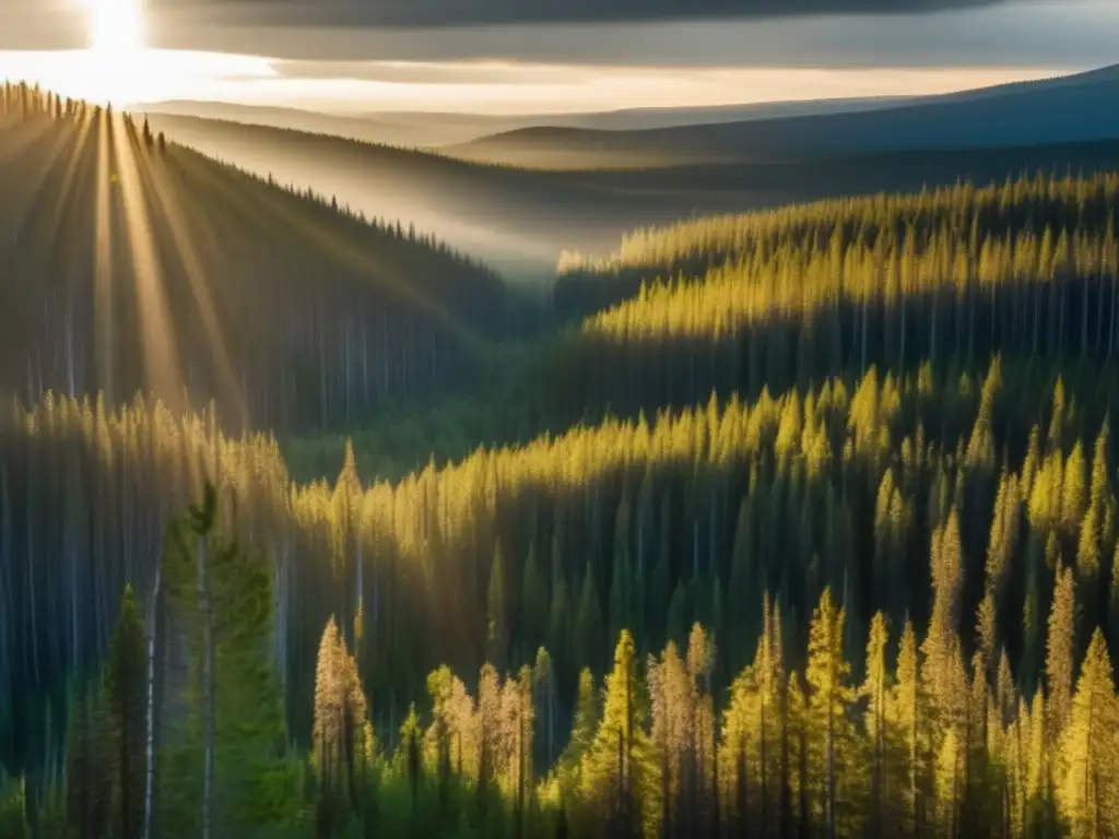 Vista impresionante de la taiga con bosques de coníferas y especies de búhos en la distribución