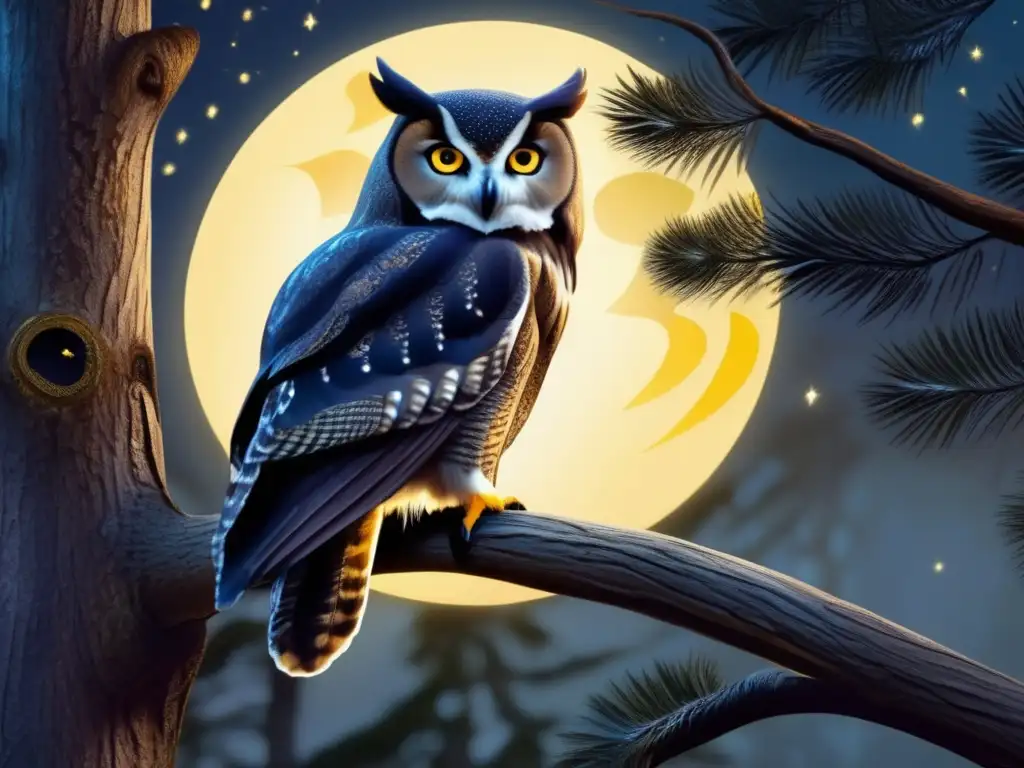 Bosque nocturno con luna llena y búho majestuoso, evocando obras literarias famosas