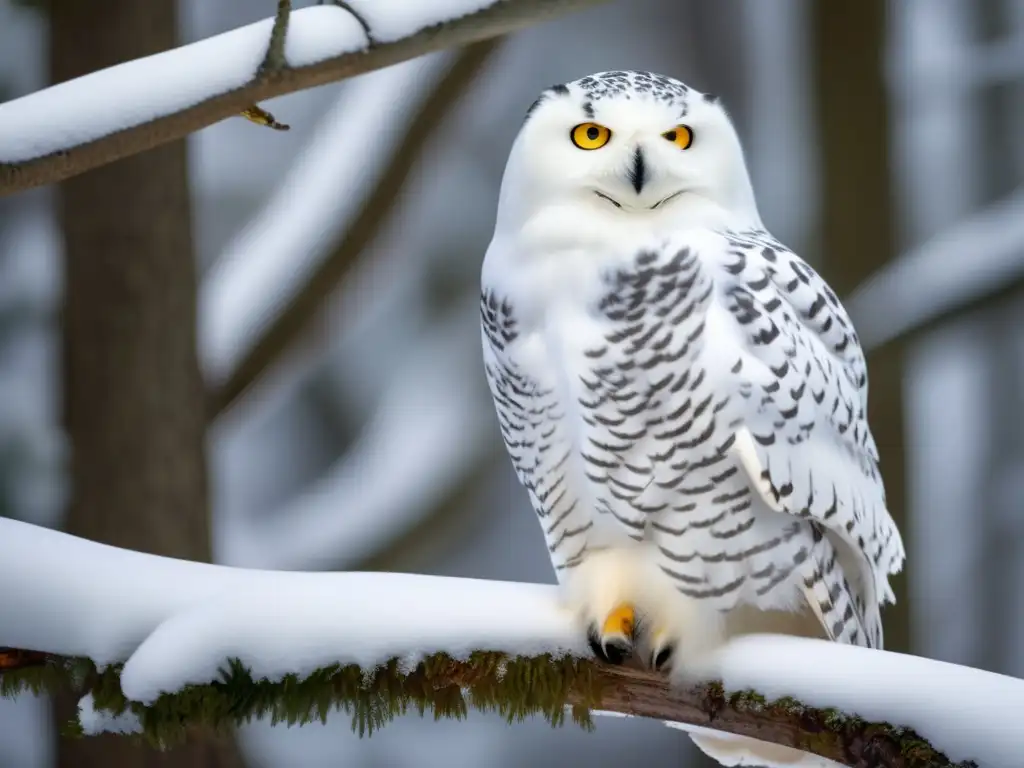 Impresionante búho blanco en bosque nevado, reflejando belleza y misterio