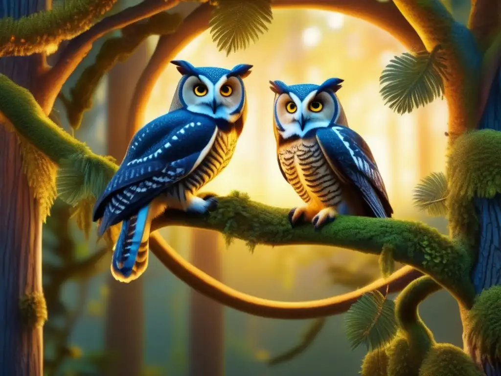 Patrón migratorio de búhos: Bosque sereno al atardecer con árboles majestuosos, owls y misteriosa migración