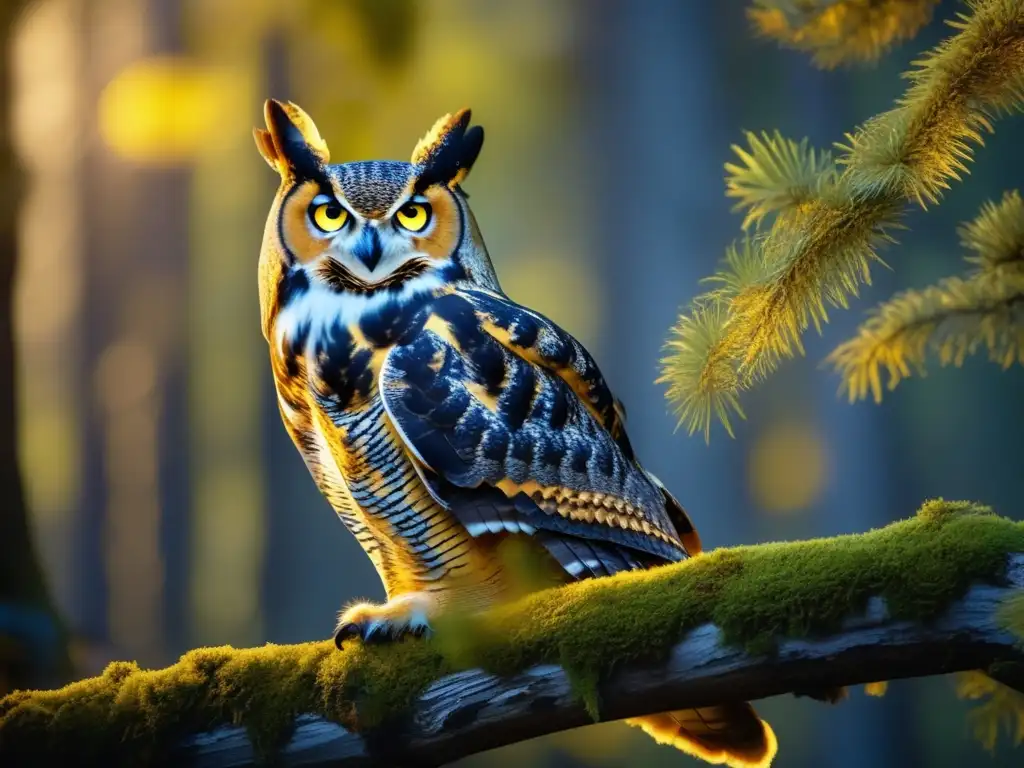 Un majestuoso Búho Cornudo en un bosque denso al anochecer, con luz dorada filtrándose entre los árboles