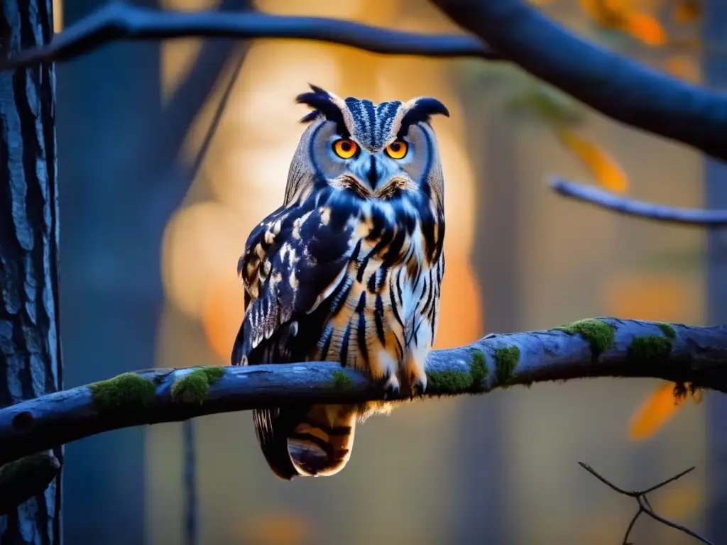 Bosque al atardecer con búho majestuoso y estrategias de conservación de búhos en peligro de extinción