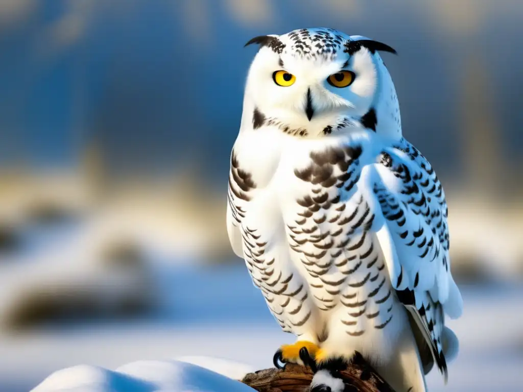 Búho nival en paisaje invernal, plumaje blanco, ojos amarillos, fuerza y belleza - Esperanza de vida de los búhos