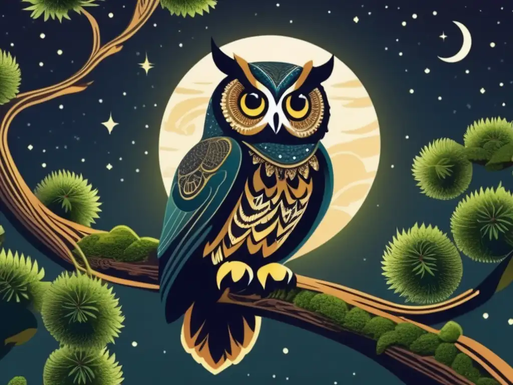 Búhos fascinantes en la cultura popular: ilustración detallada de un majestuoso búho en un bosque iluminado por la luna