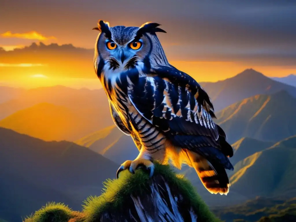 Cordillera Cantábrica: búho Eurasian eagleowl en paisaje montañoso al atardecer