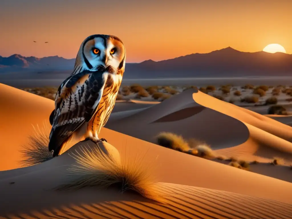 Un paisaje desértico al atardecer con dunas doradas, un búho del desierto y la belleza serena del ecosistema árido