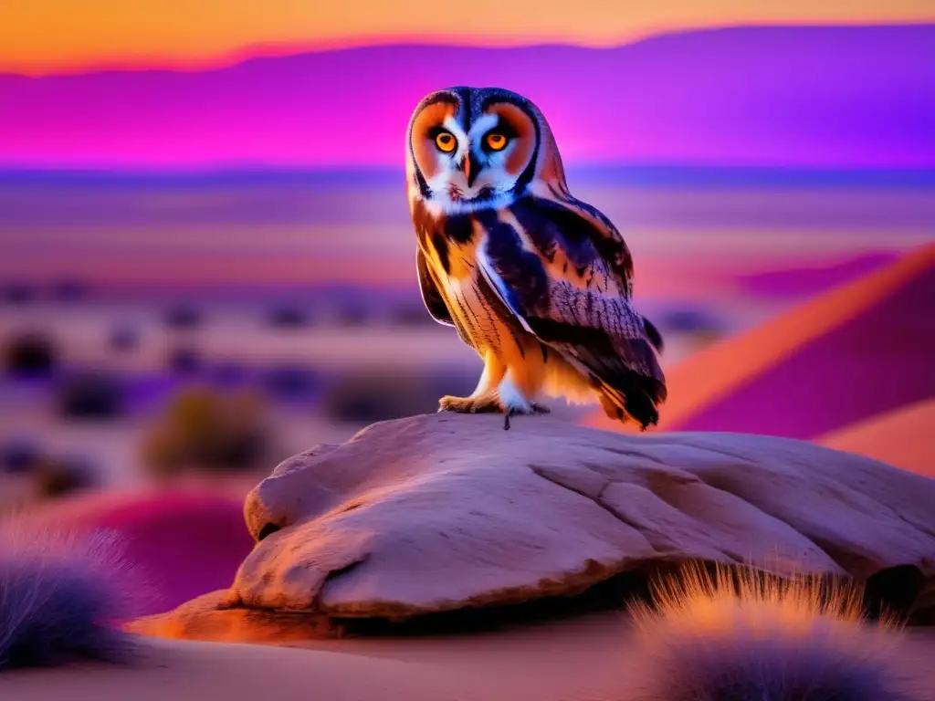 Especies de búhos en terrenos áridos del desierto - Majestuoso búho Asio flammeus iluminado por el atardecer en paisaje desértico