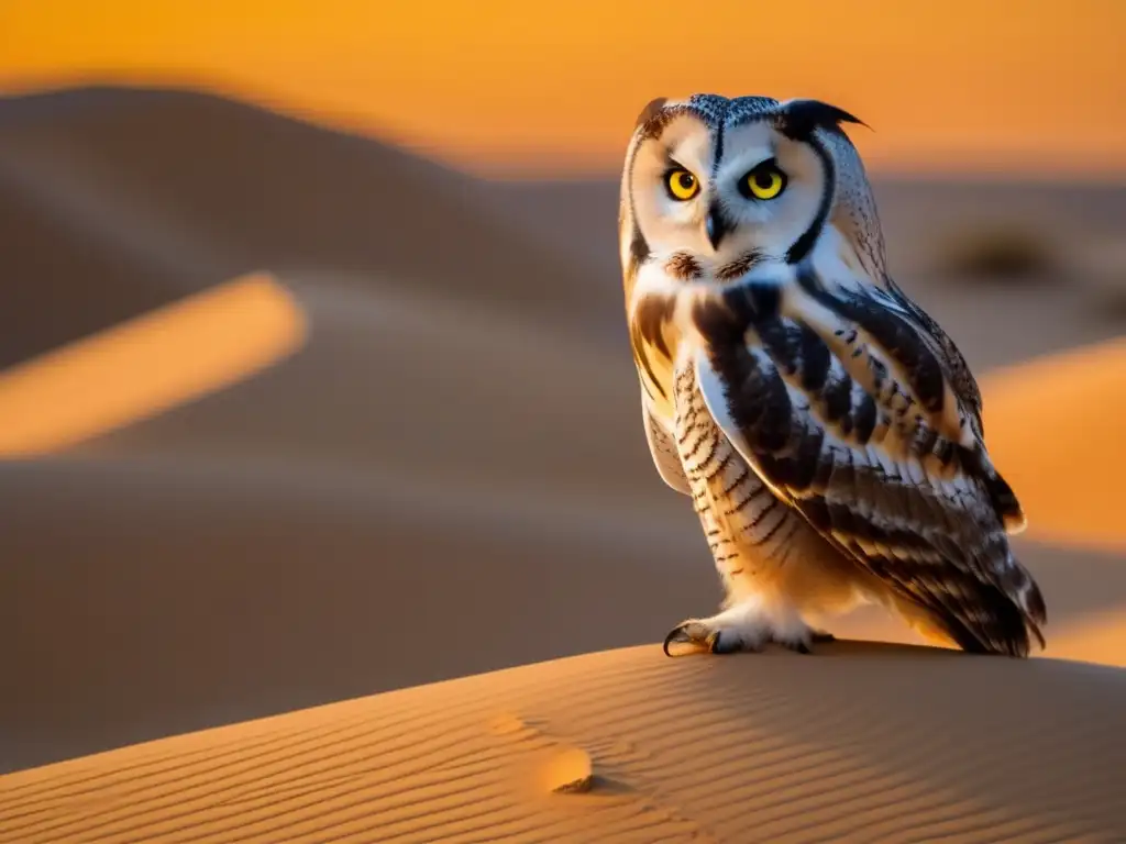 Hermoso paisaje de desierto al atardecer con un búho del desierto (Bubo ascalaphus) mostrando adaptaciones para sobrevivir en entornos áridos