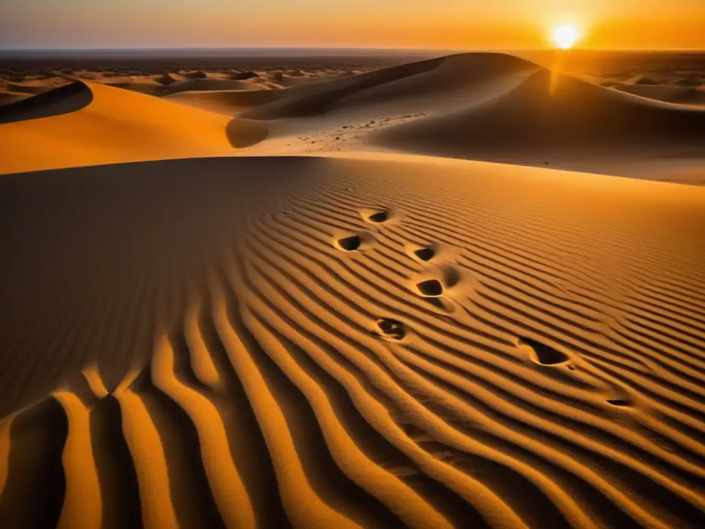 Paisaje majestuoso de desierto al atardecer, huellas de búho revelan identificación en arena (110 caracteres)