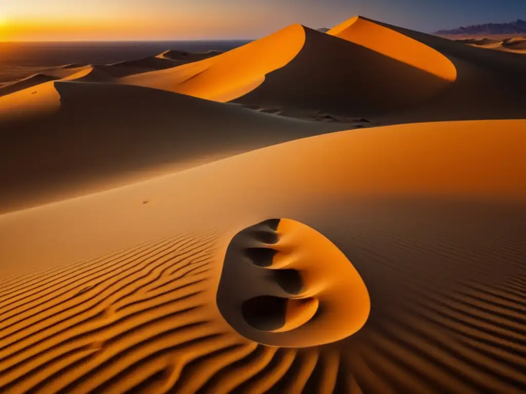 Huellas de búhos en arena dorada del desierto al atardecer