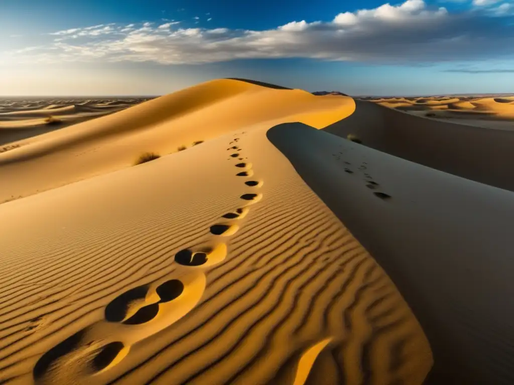 Huellas de búhos en arena de desiertos: paisaje detallado con ondulantes dunas doradas, cielo azul y nubes blancas