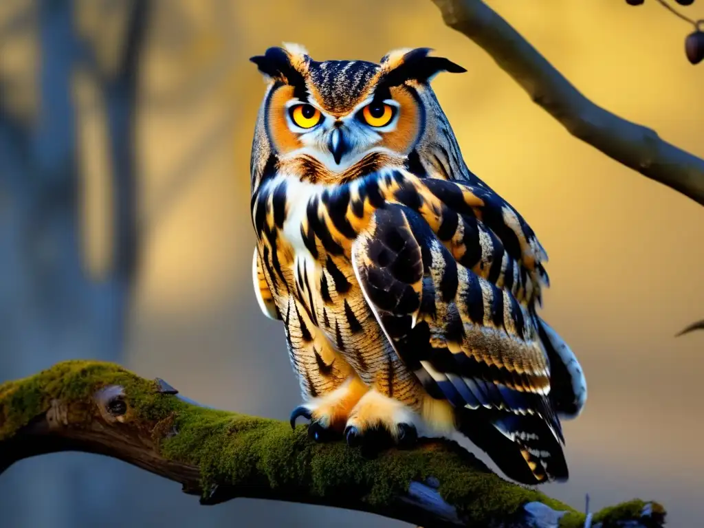 Impresionante imagen de un majestuoso Búho Real (Bubo bubo) posado en una rama al atardecer, destacando sus características físicas