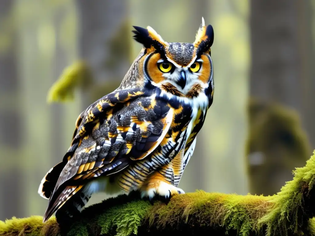 Majestuoso búho cornudo en un bosque denso, con ojos amarillos y plumaje detallado