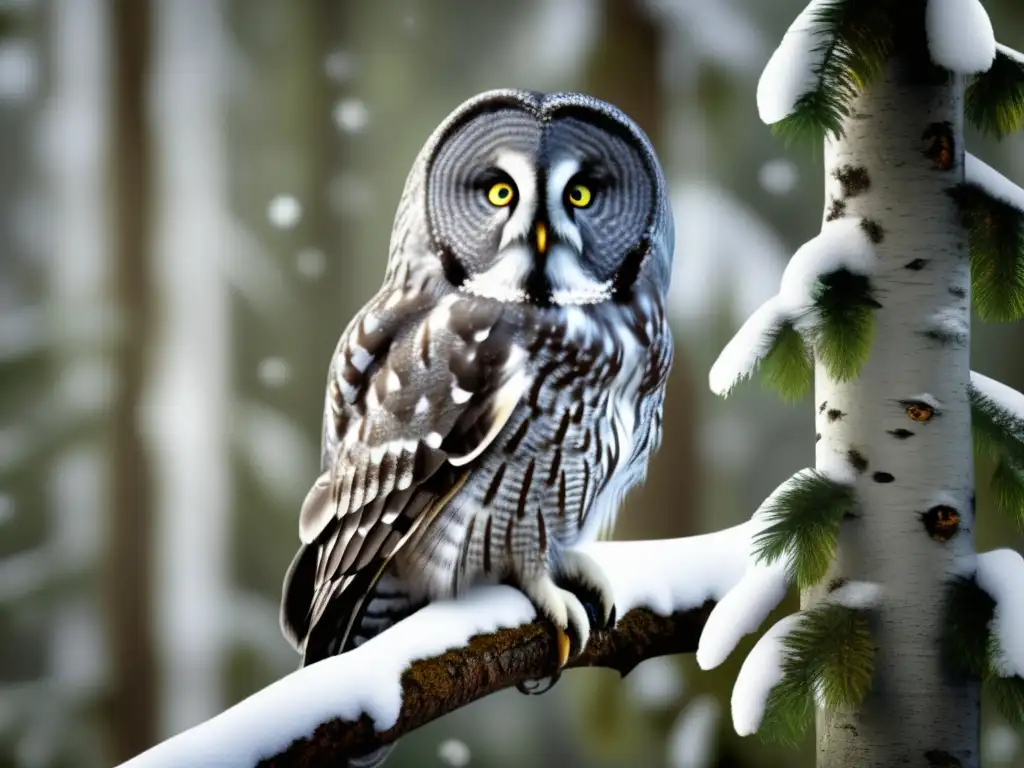 Especies de búhos en el bosque boreal: Majestuoso búho gris posado en rama, detalle exquisito del plumaje y entorno encantador