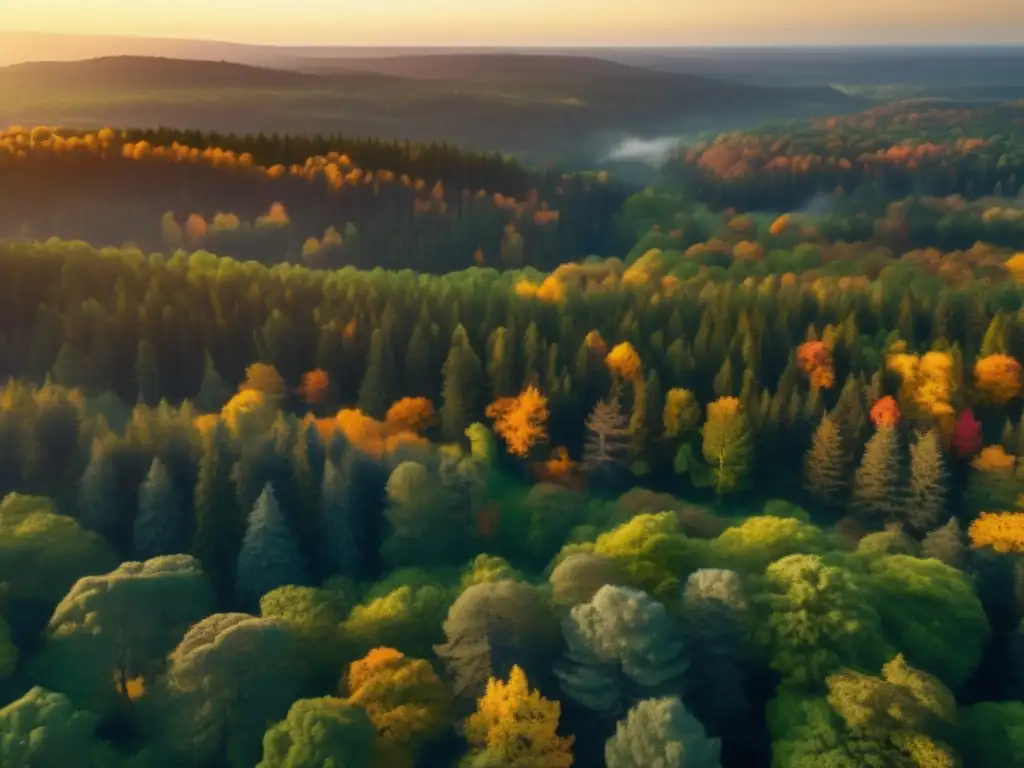 Vista aérea de un bosque al atardecer con búho migratorio, resaltando técnicas modernas de rastreo