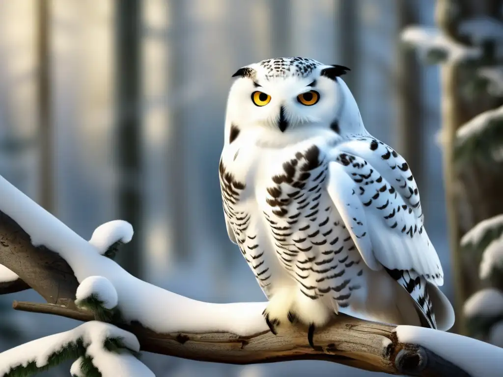 Búho nival en rama nevada, con plumaje blanco y ojos amarillos intensos