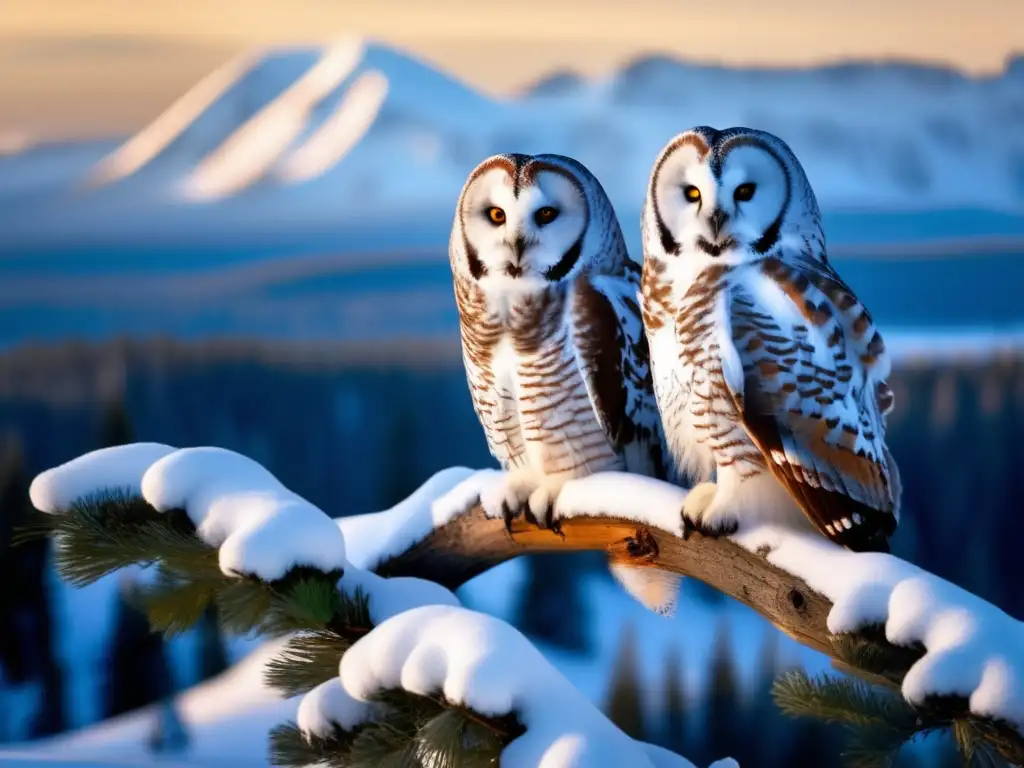 Búhos Montañas Urales Rusia, características distintivas de sus plumas y paisaje nevado al atardecer