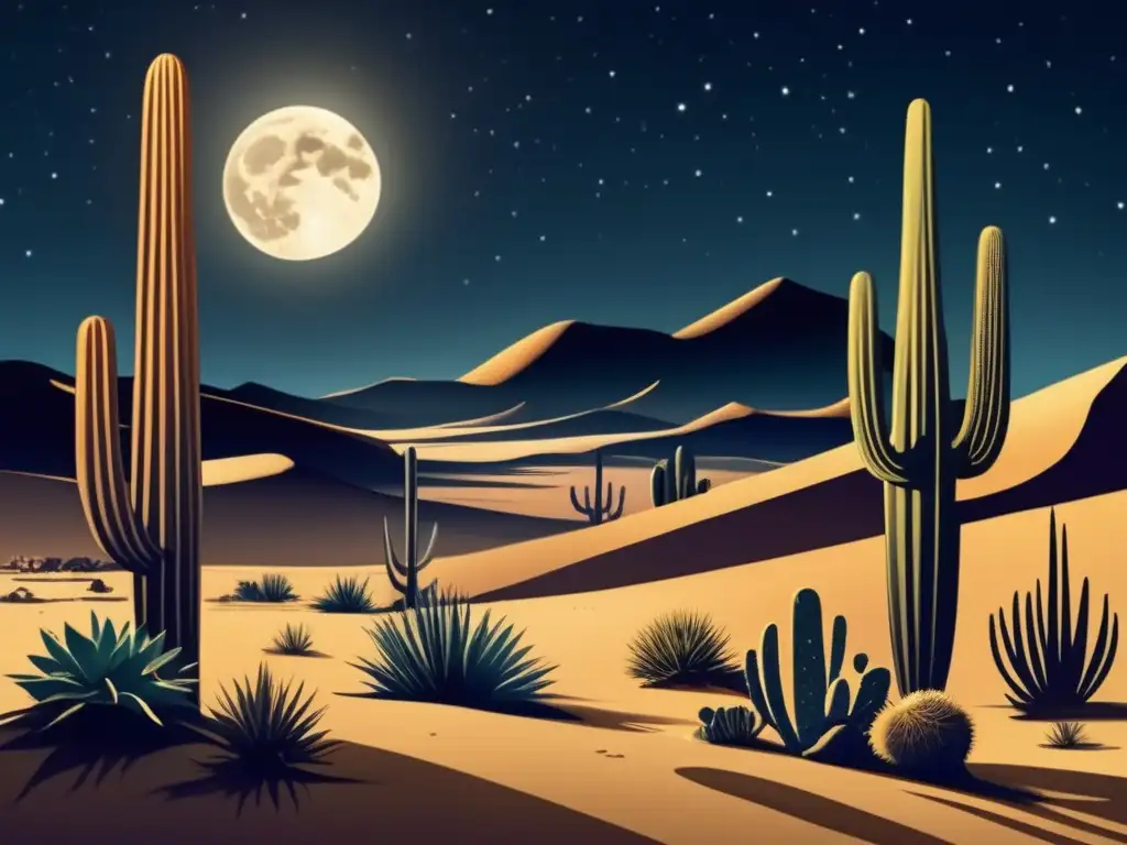 Paisaje nocturno del desierto con cacti y búho, demostrando adaptaciones en entornos desérticos