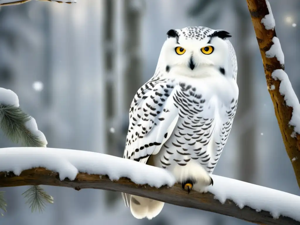 Búho blanco en bosque invernal, plumaje variado