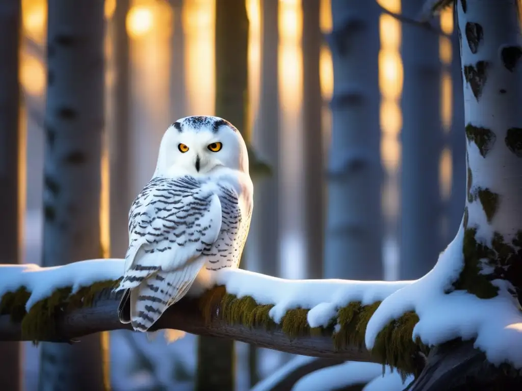 Patrón migratorio de búhos en bosque místico con hojas otoñales y majestuoso búho blanco