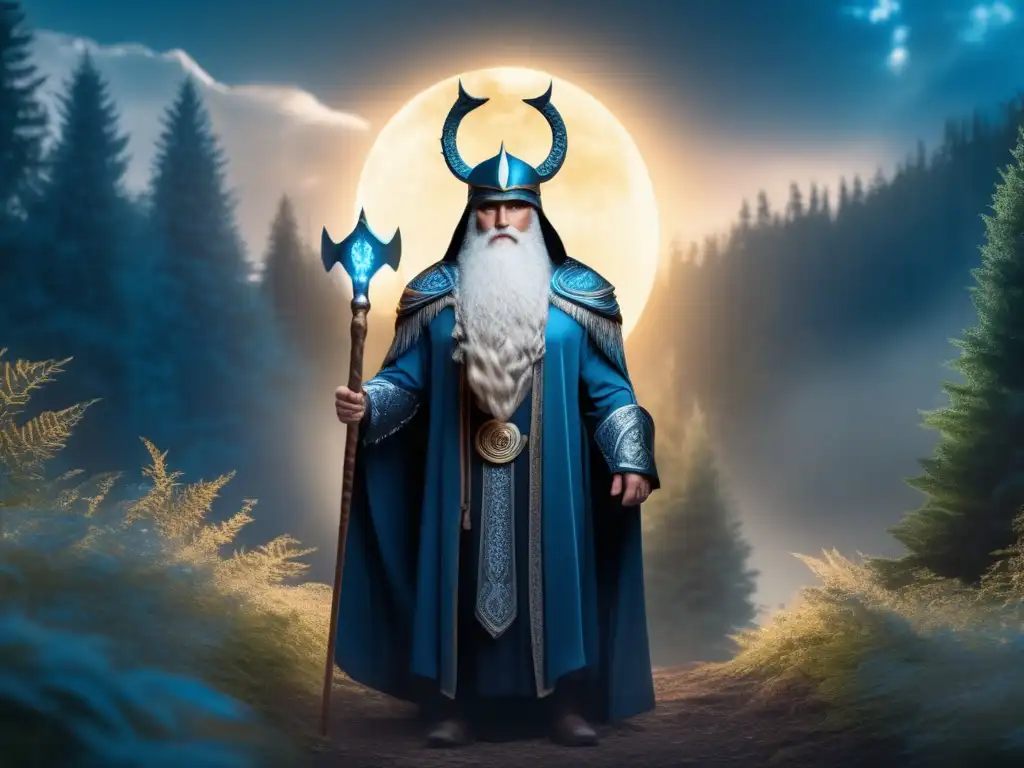 Imagen de Odin, deidad suprema nórdica, en un bosque, bañado en luz lunar mística