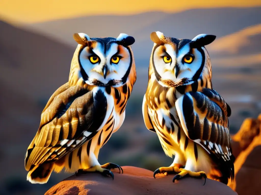 Especies de búhos en el Atlas de Marruecos perched on a rocky outcrop, showing intricate patterns and intense yellow eyes