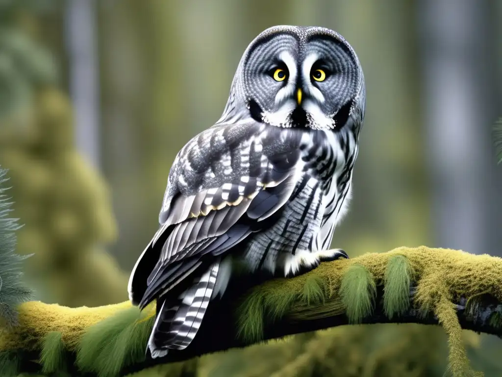 Espectacular búho gris en bosque boreal, con plumaje detallado y ojos amarillos cautivadores