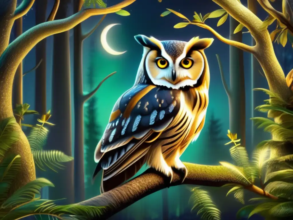 Búho en la historia del arte: imagen realista de un majestuoso búho en un bosque iluminado por la luna