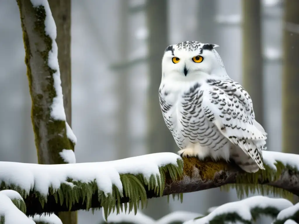 Búho nival majestuoso en bosque nevado, adaptado al cambio climático y población