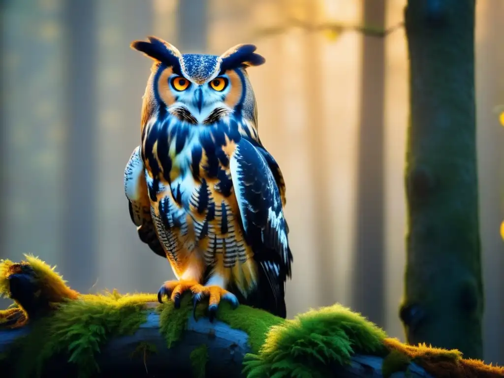 Bosque al atardecer con un búho Eurasian eagleowl y ciudadanos observando (Contribución ciudadana a la investigación de los búhos)