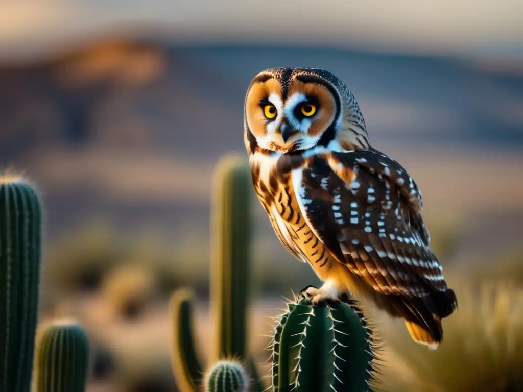 Búho del desierto en su entorno natural, resaltando sus características físicas y adaptación al desierto