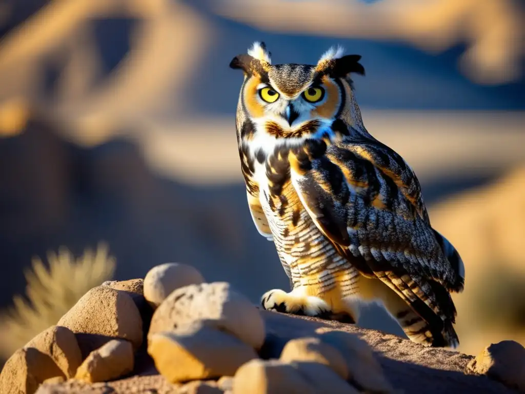 Búho majestuoso en paisaje desértico, adaptabilidad en especies de búhos en terrenos áridos del desierto