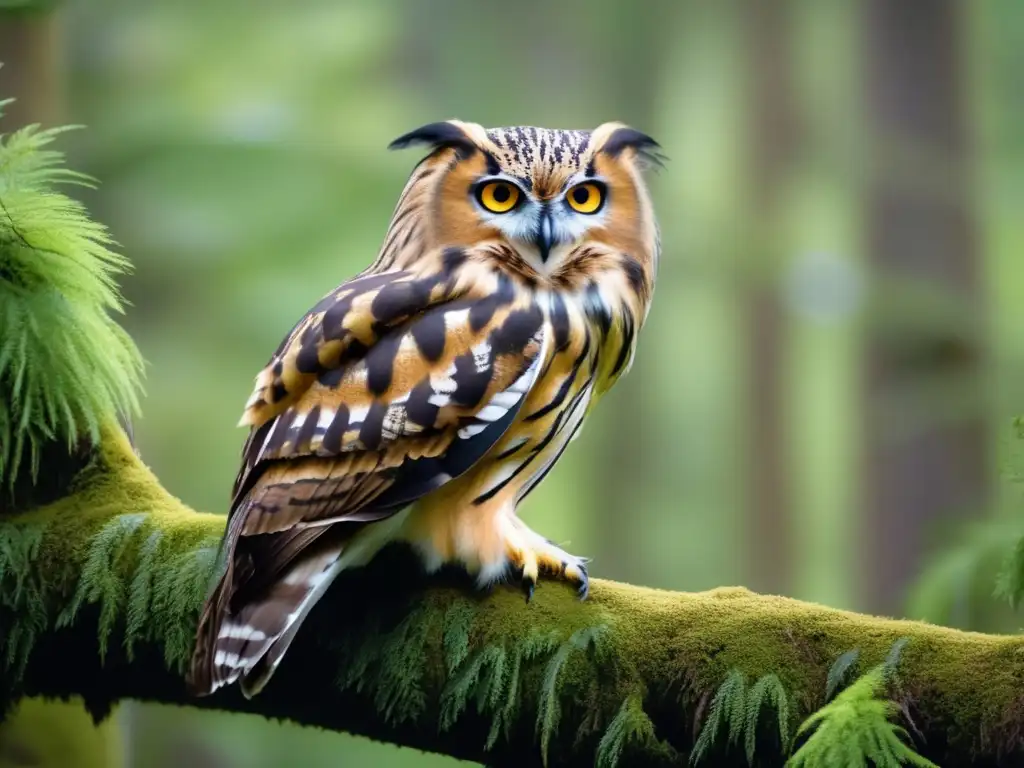 Búho Blakiston en pose llamativa, con ojos grandes y plumaje marrón y blanco moteado