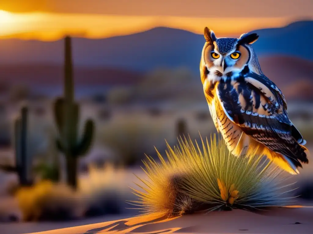 Fotografía impresionante de un búho en el desierto, destacando sus adaptaciones para sobrevivir en ambientes áridos