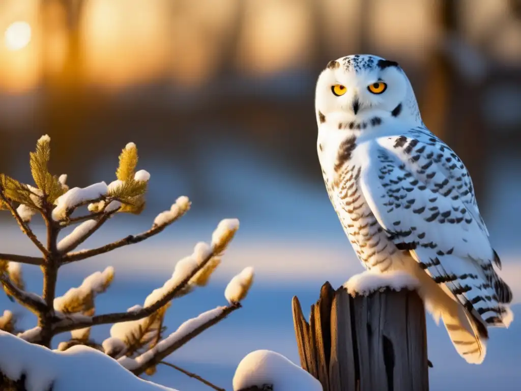 Búho nival en rama nevada al atardecer, refleja vulnerabilidad y conservación en su hábitat - amenazas del búho nival