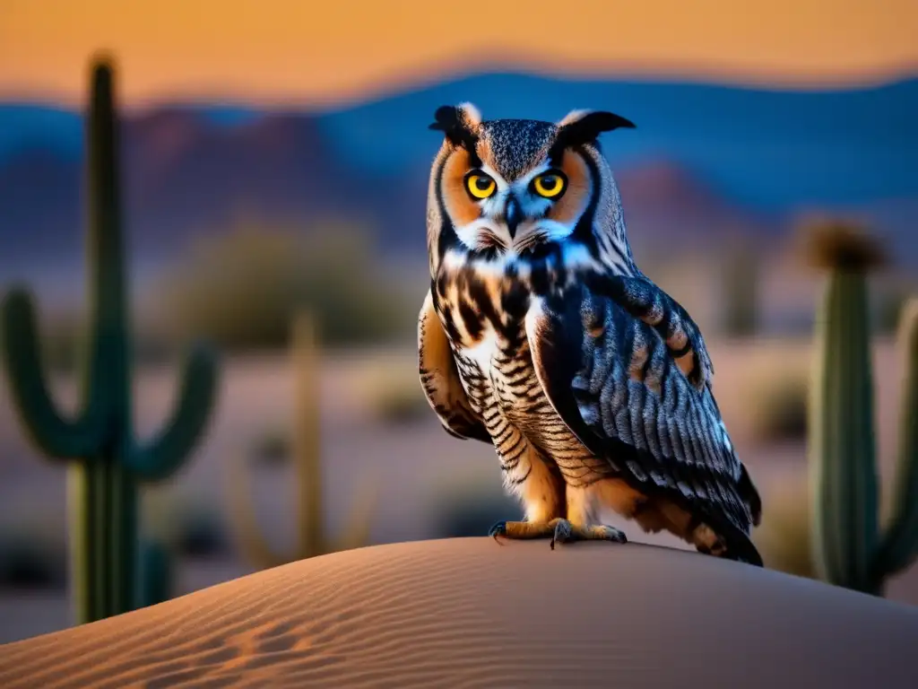 Especies de búhos en desiertos: Majestuosos y cautivadores, en un paisaje dorado al atardecer