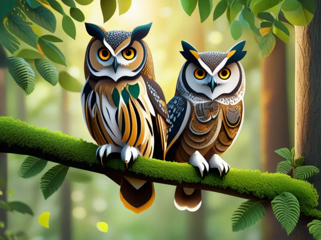 Pareja de búhos en bosque con plumajes detallados y pose de reproducción