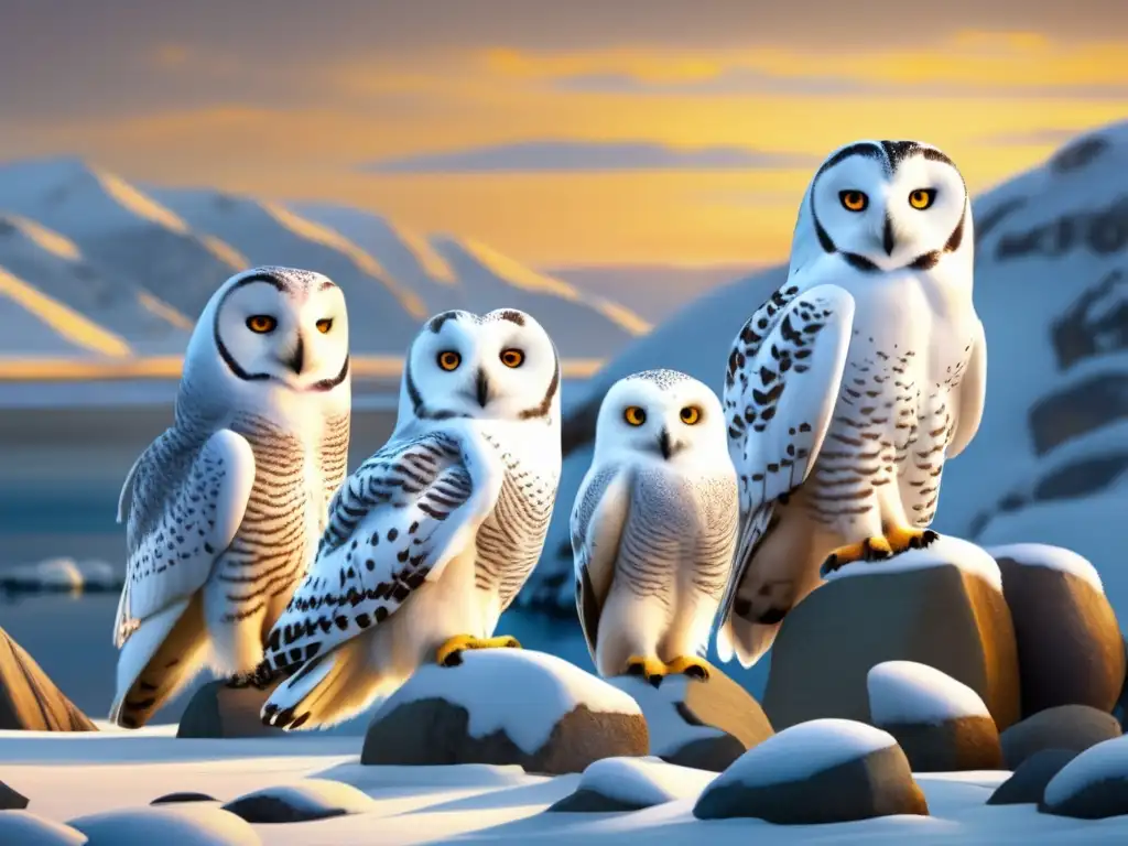 Distribución geográfica de búhos en regiones polares con paisaje ártico, owls majestuosos, ojos amarillos, adaptación al ambiente polar