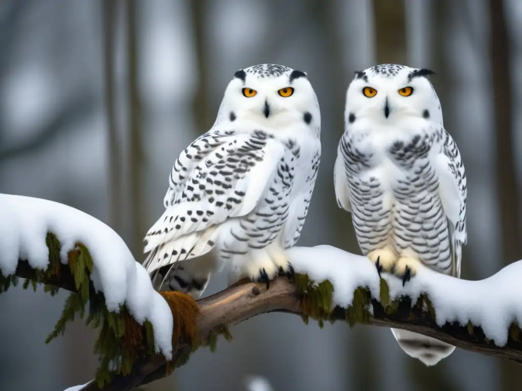 Pareja de búhos nevados en bosque invernal, detalles ultradetallados (cambio climático y reproducción de búhos)