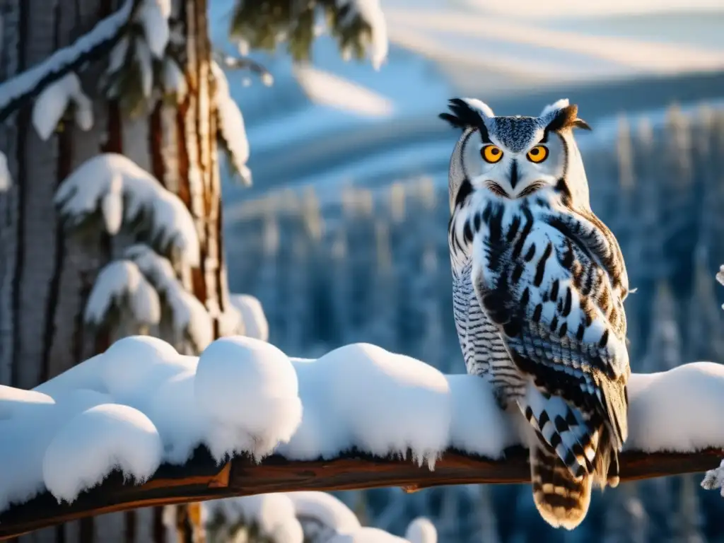 Búhos Eurasian EagleOwls en majestuoso paisaje nevado de Montañas Urales, con características distintivas (110 caracteres)