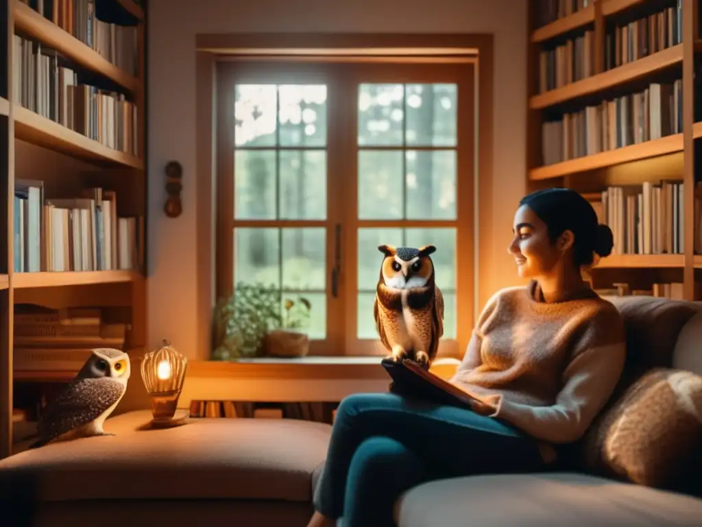 Persona y búho en íntima relación en acogedora sala llena de libros sobre búhos y rodeada de naturaleza