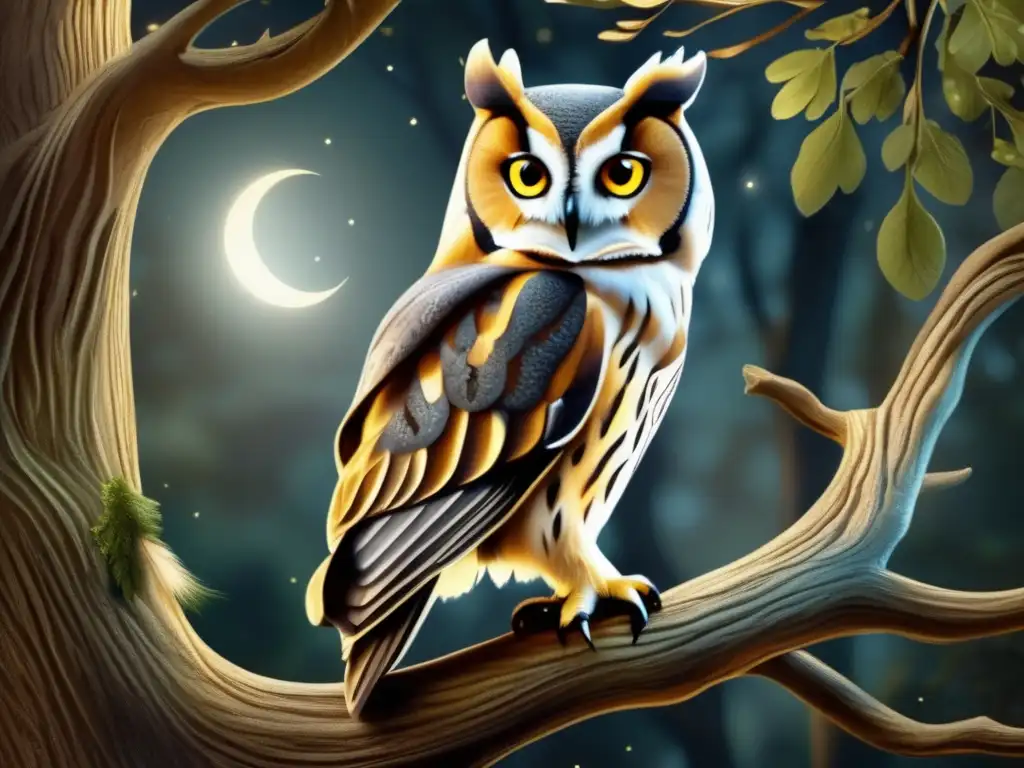 Ilustración realista de un búho en un bosque iluminado por la luna, evocando la sabiduría en obras literarias famosas