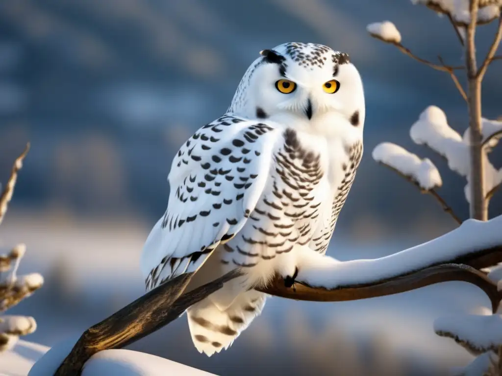 Búho nival: hermosa imagen 8k muestra majestuoso búho en rama nevada, destacando características físicas