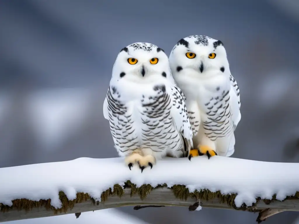 Búhos nivales en paisaje invernal mostrando características físicas y estructurales