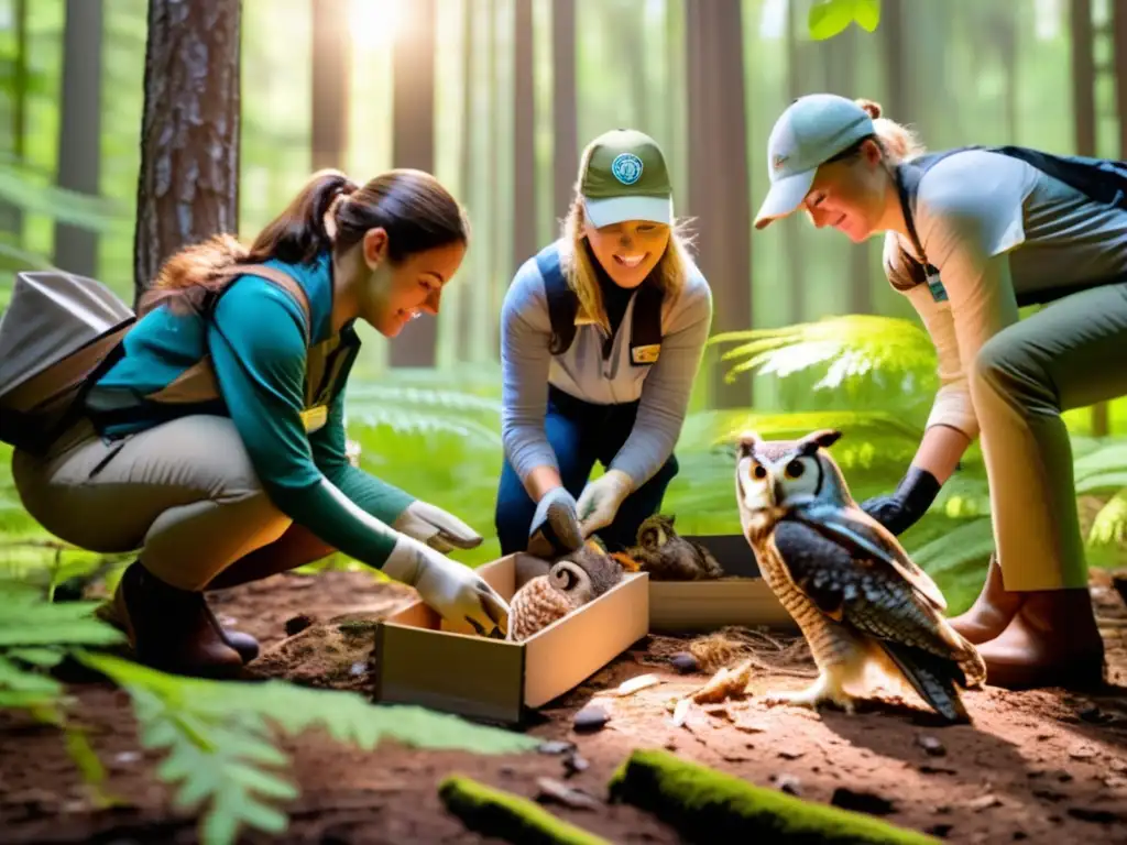 Un grupo de voluntarios en un bosque exuberante colocando cajas de nidificación para búhos y liberando uno de ellos